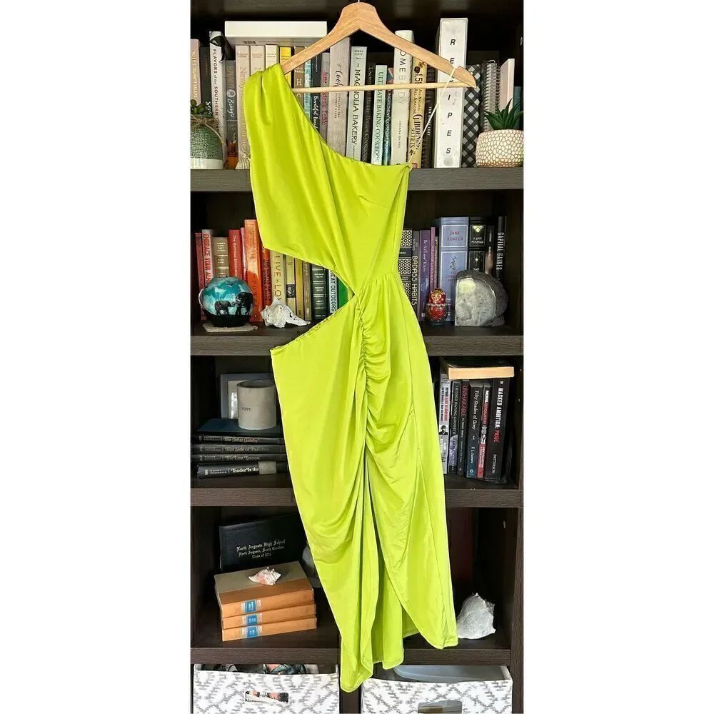 NWT Kasia Neon Green One Shoulder Ruched Shark Bite Midi Dress XS